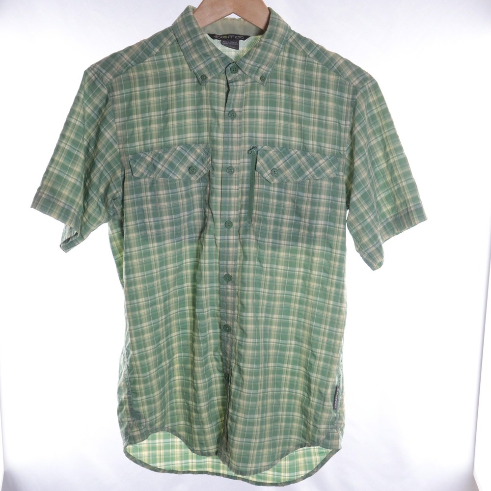 ExOfficio Shirt Mens S Green Plaid Short Sleeve Button-Up Chest Zip Pockets